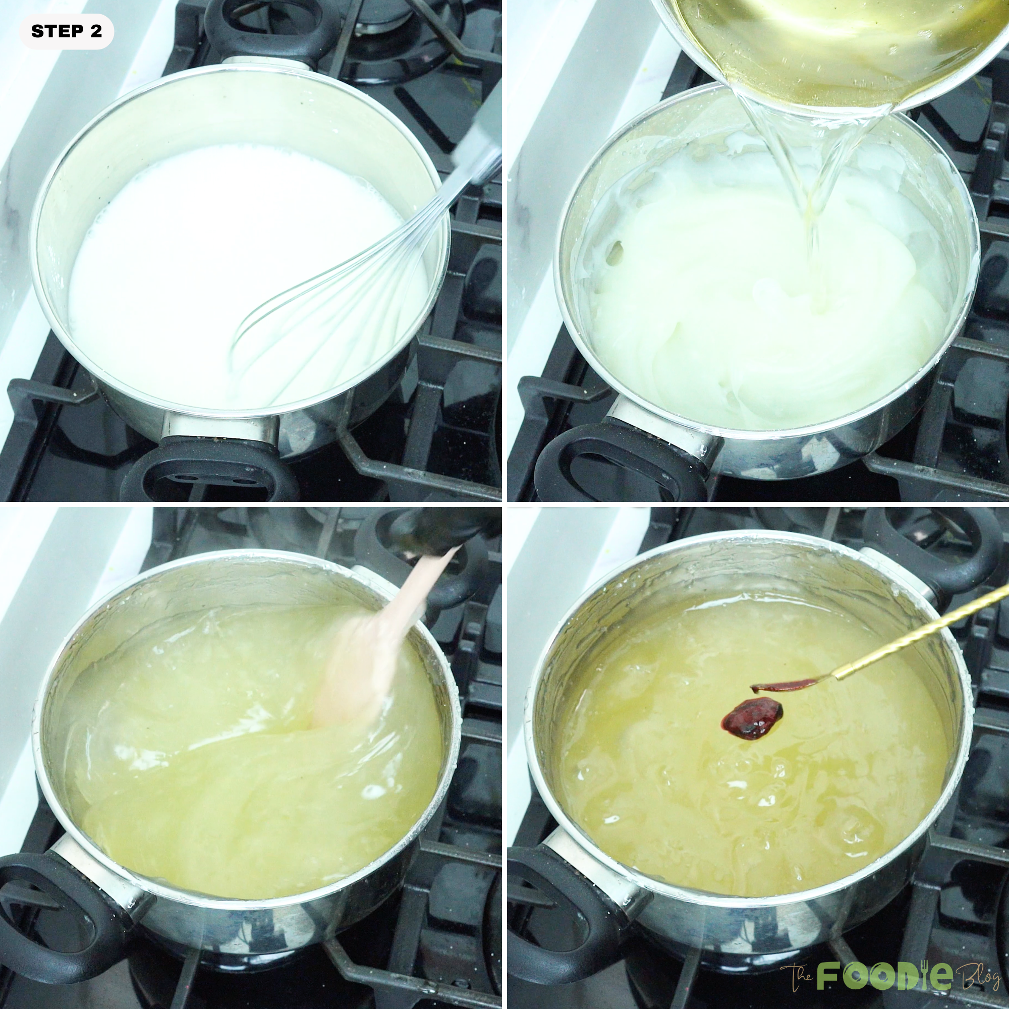 Whisking and stirring the Turkish Delight mixture in a saucepan