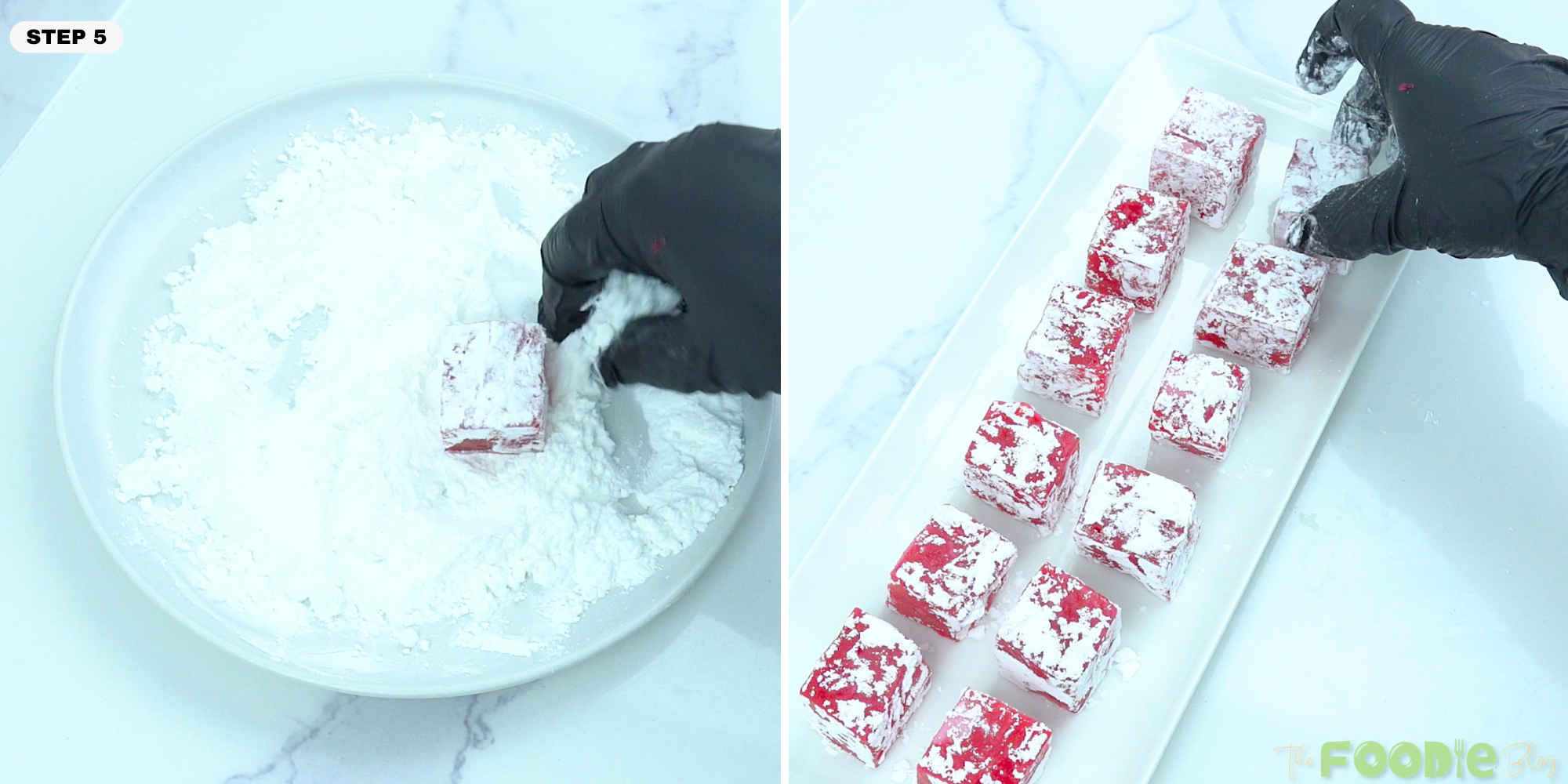 Turkish Delight cube being coated in powdered sugar and cornstarch, then arranged on a serving platter