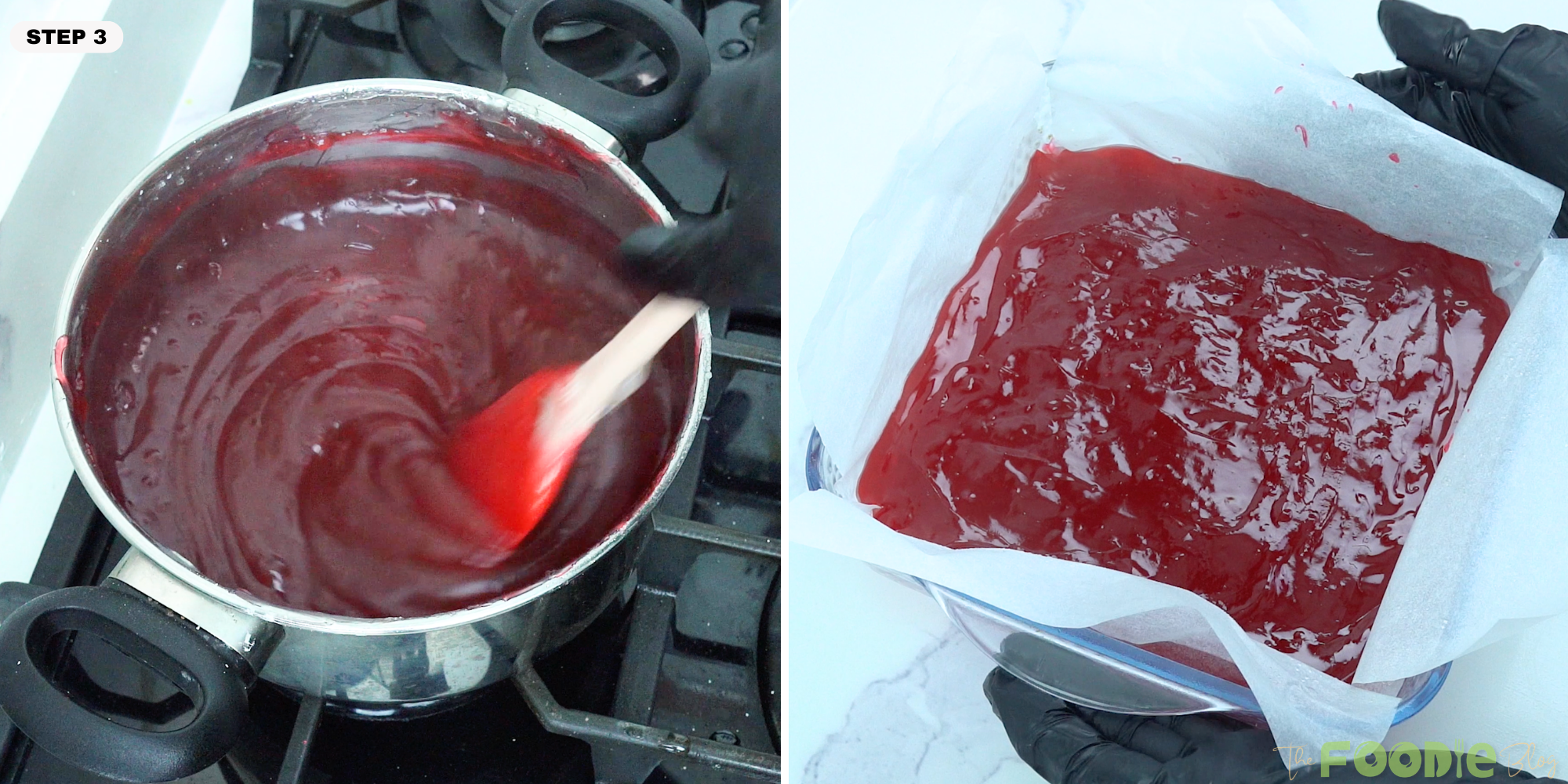 Red Turkish Delight mixture being stirred and poured into a parchment-lined dish