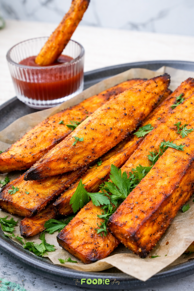 Ultimate sweet potato fries served on a plate with dipping sauce and fresh parsley