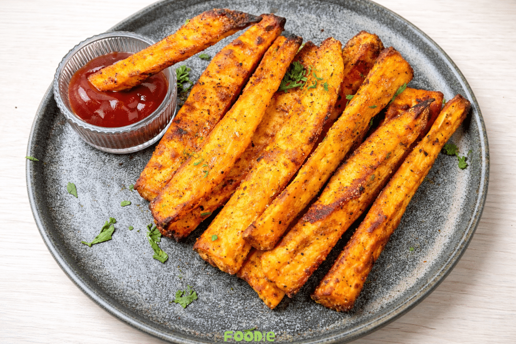 Ultimate sweet potato fries plated with ketchup and fresh parsley
