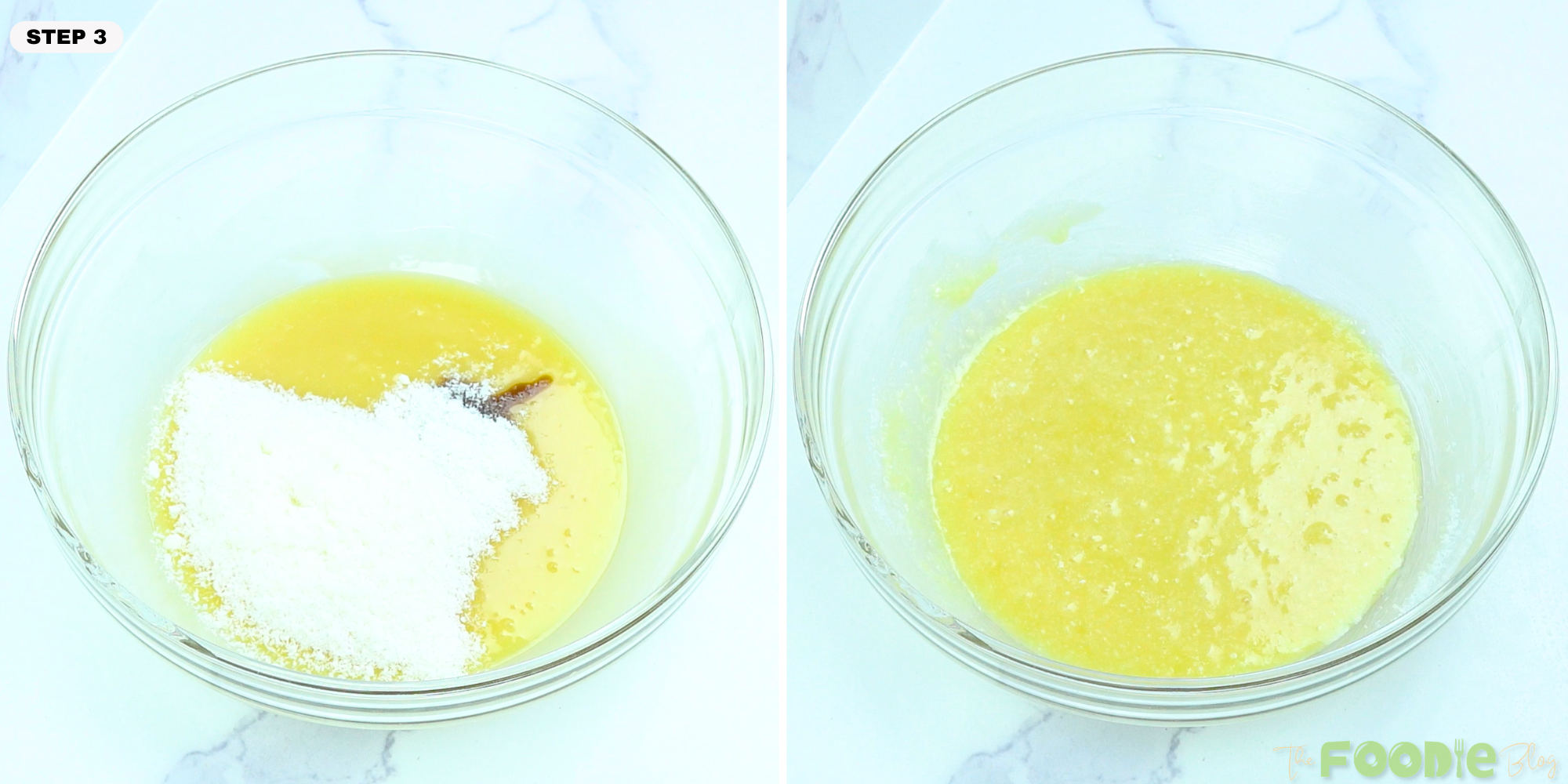 Coconut and vanilla added to melted white chocolate mixture in a bowl