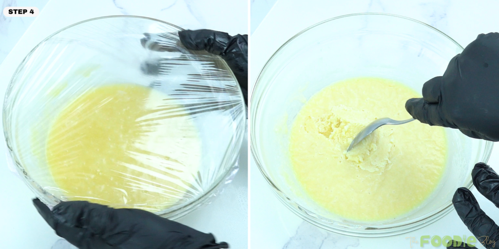 White chocolate truffle mixture covered with plastic wrap, then shown thickened and scoopable in a bowl