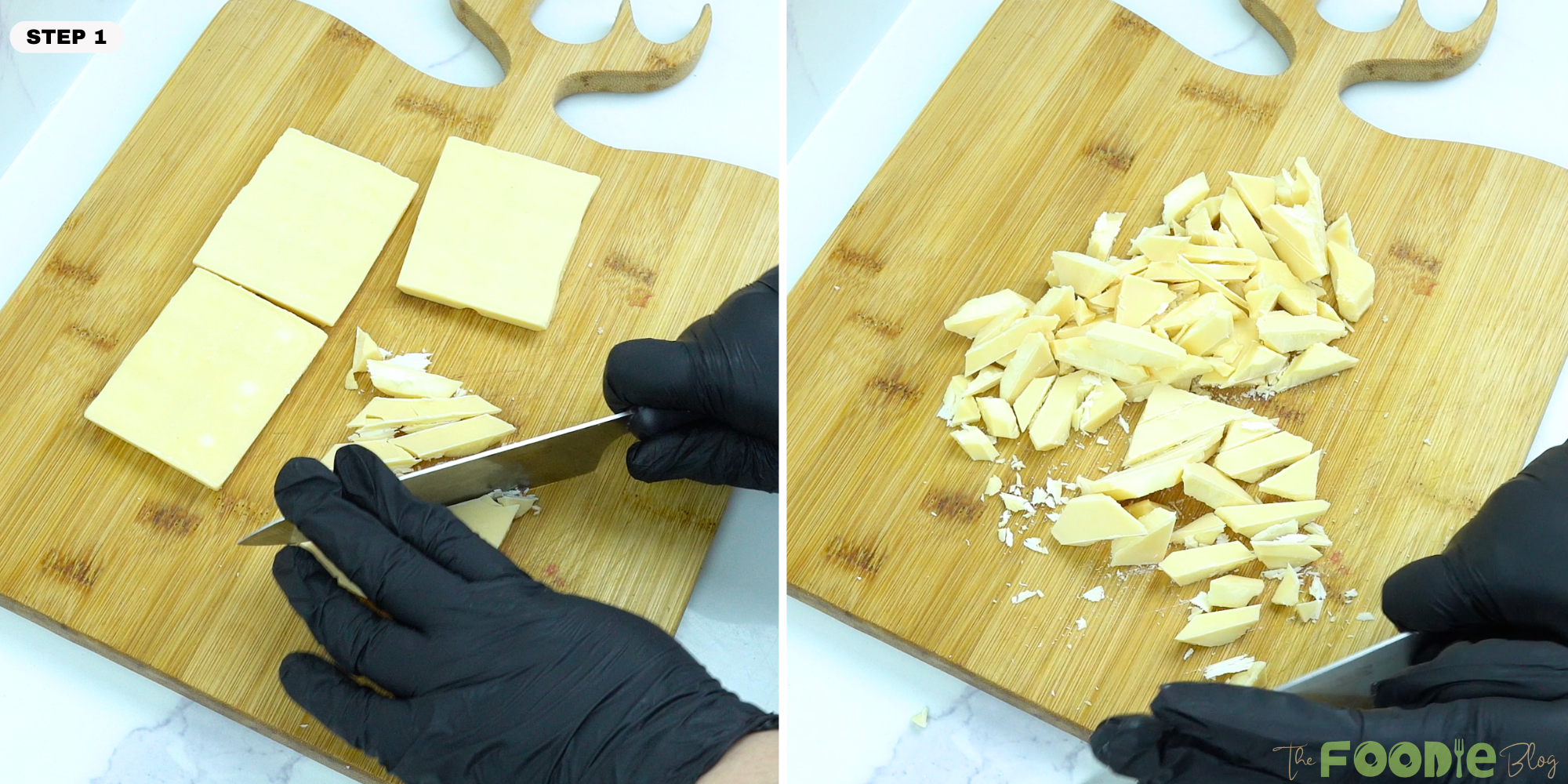 White chocolate being chopped on a wooden cutting board with a knife