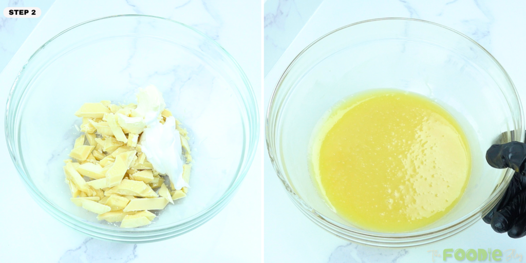 Bowl of melted white chocolate mixture after combining white chocolate with cream and butter