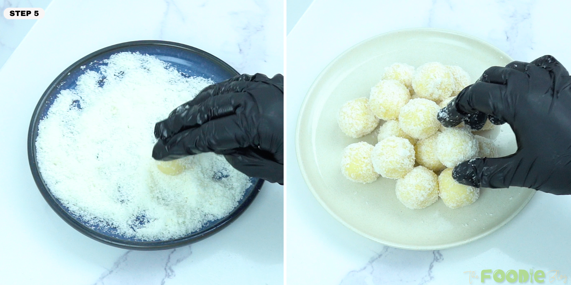Hands rolling truffles and coating them in coconut, with finished truffles on a plate