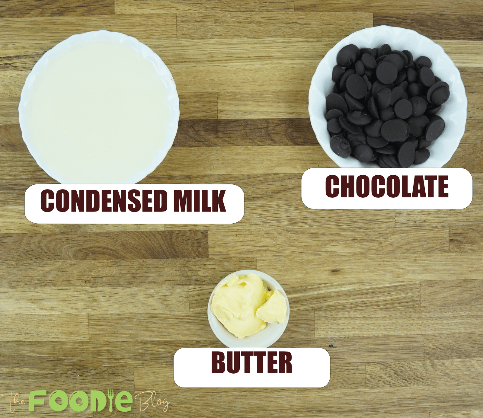 Overhead view of condensed milk, chocolate, and butter for 3-ingredient chocolate fudge recipe