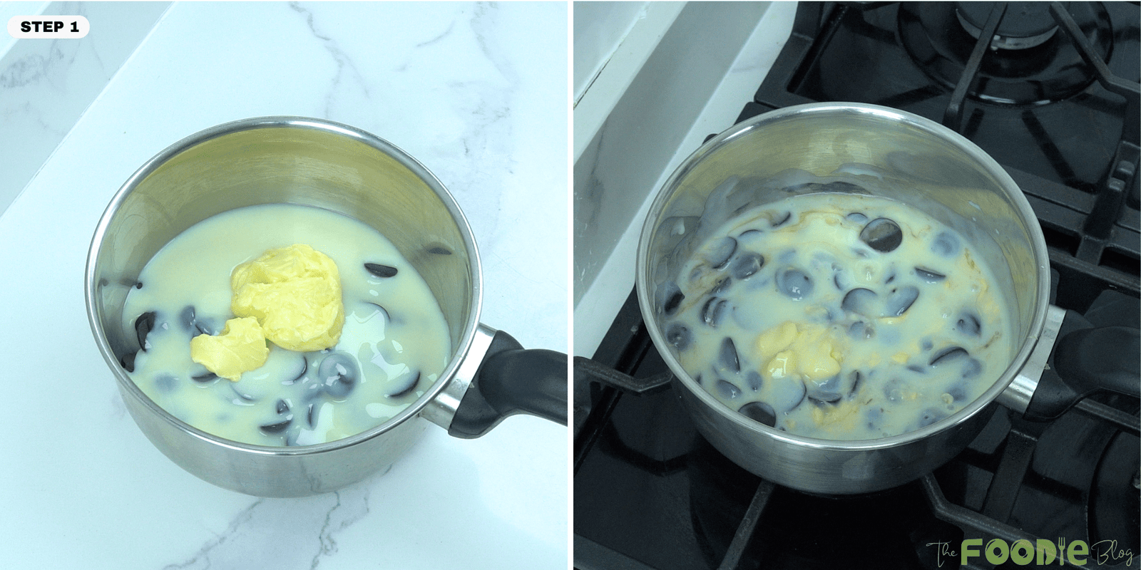 Chocolate, condensed milk, and butter in a saucepan before and during melting for 3-ingredient chocolate fudge recipe