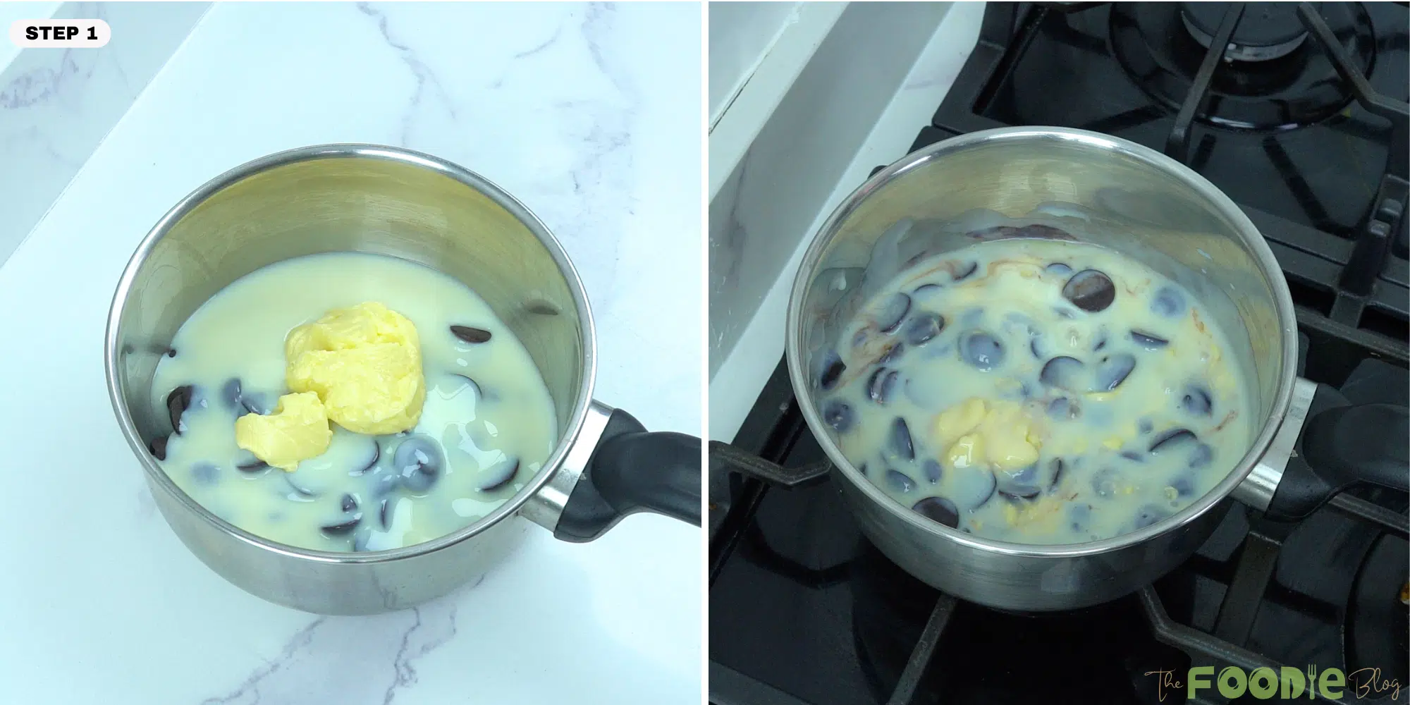 Chocolate, condensed milk, and butter in a saucepan before and during melting for 3-ingredient chocolate fudge recipe
