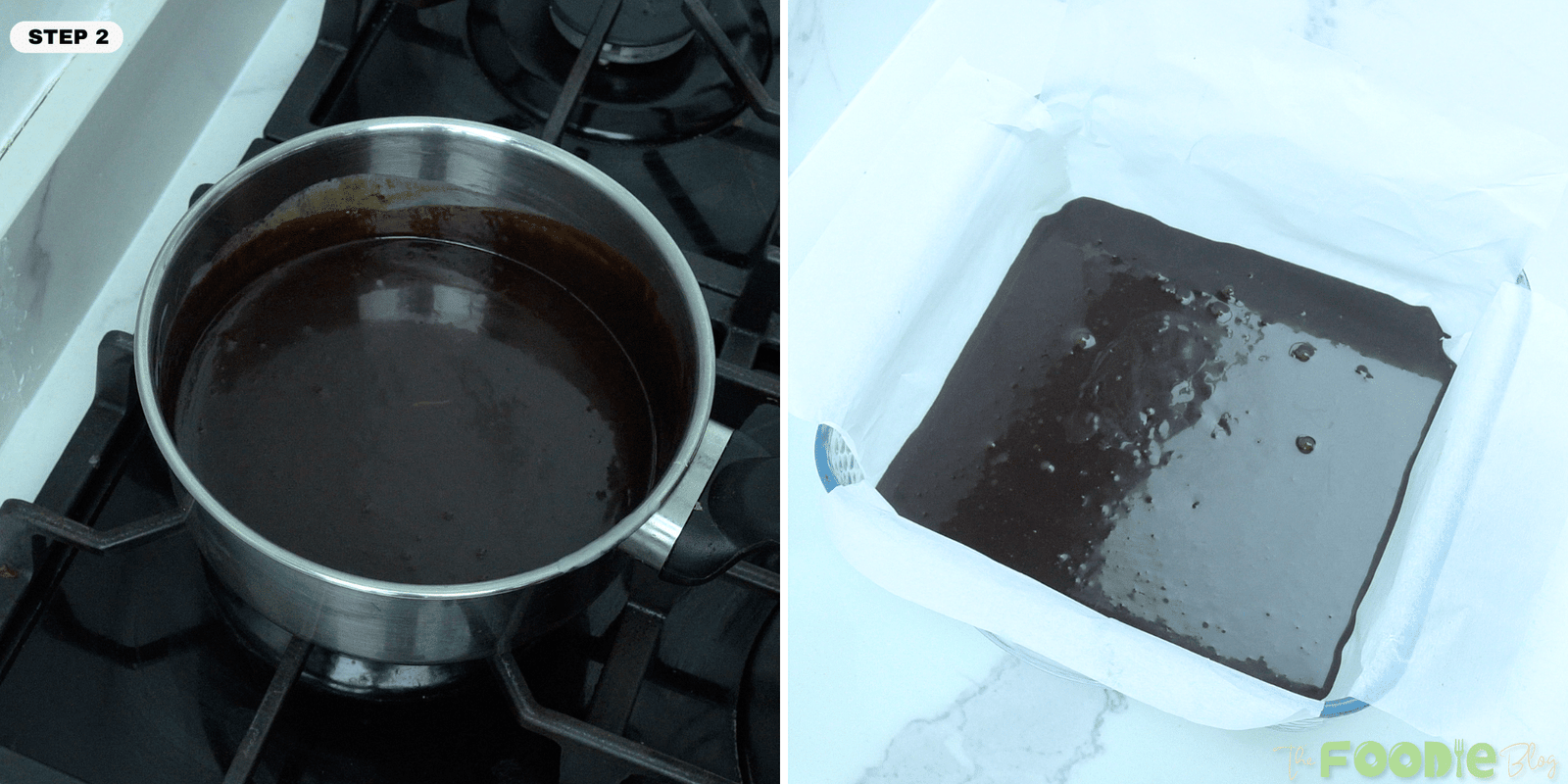 Smooth melted chocolate fudge mixture in a saucepan and poured into a parchment-lined pan