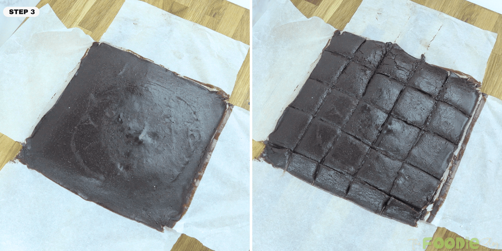 Chocolate fudge mixture spread into a parchment-lined pan and cut into squares for 3-Ingredient Chocolate Fudge Recipe