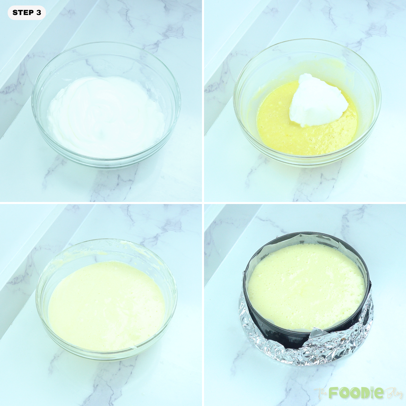 Whipped egg whites folded into the cheesecake batter and poured into a lined round pan for baking