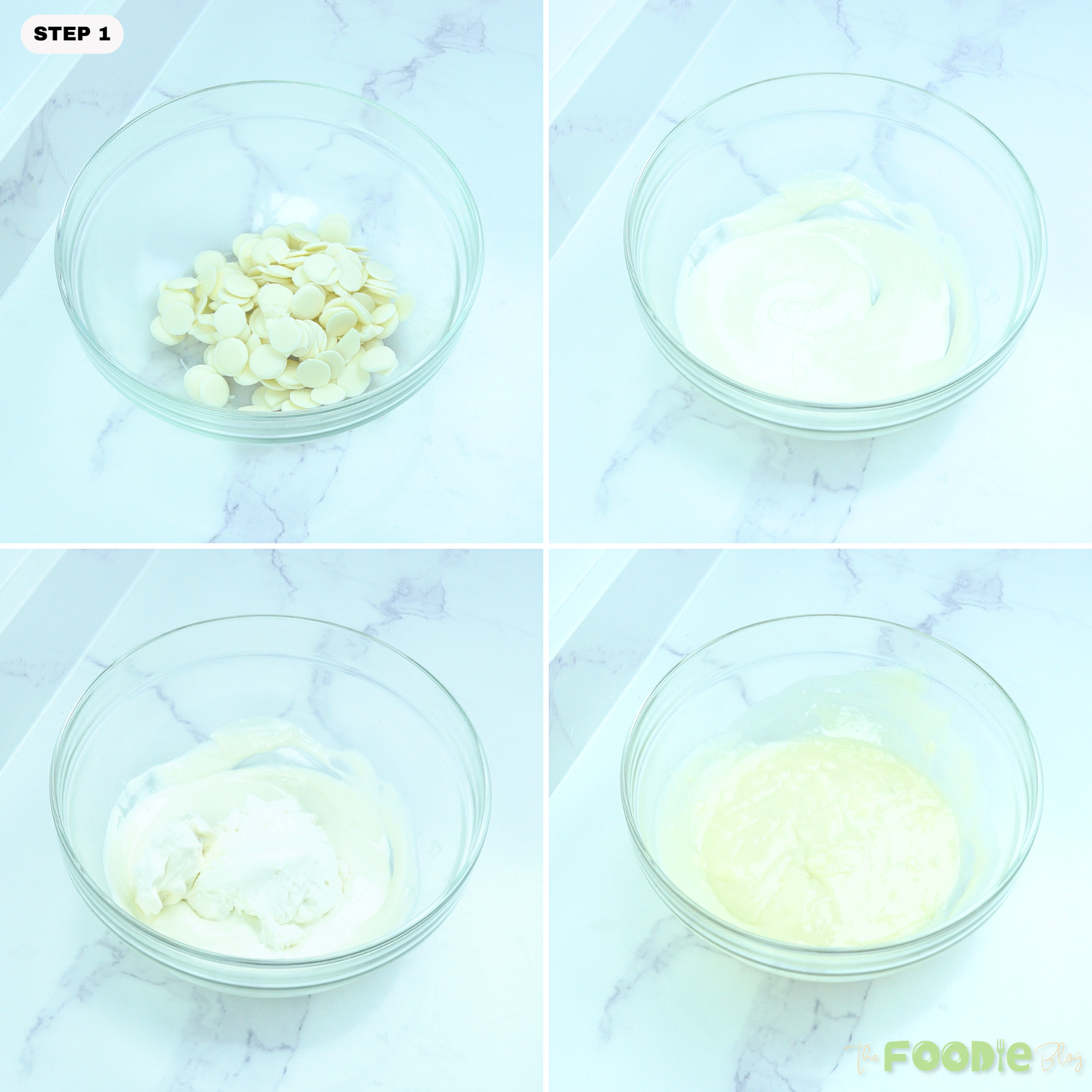 White chocolate being melted and mixed with cream cheese in glass bowls for 3-ingredient Japanese cheesecake