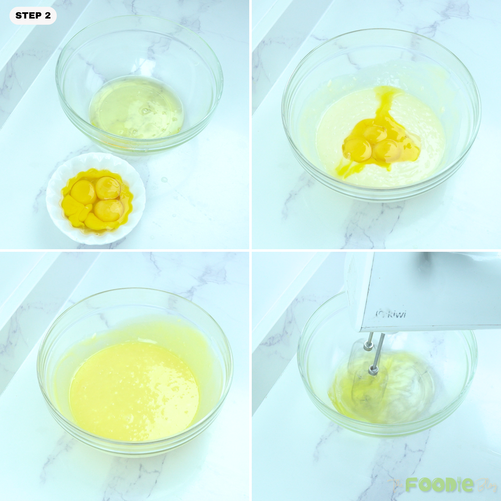 Egg whites separated from yolks, yolks mixed into the batter, and egg whites being whipped for Japanese cheesecake