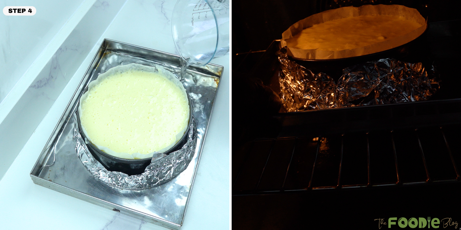 Cheesecake batter in a round pan with hot water poured into a tray, then placed in the oven for baking