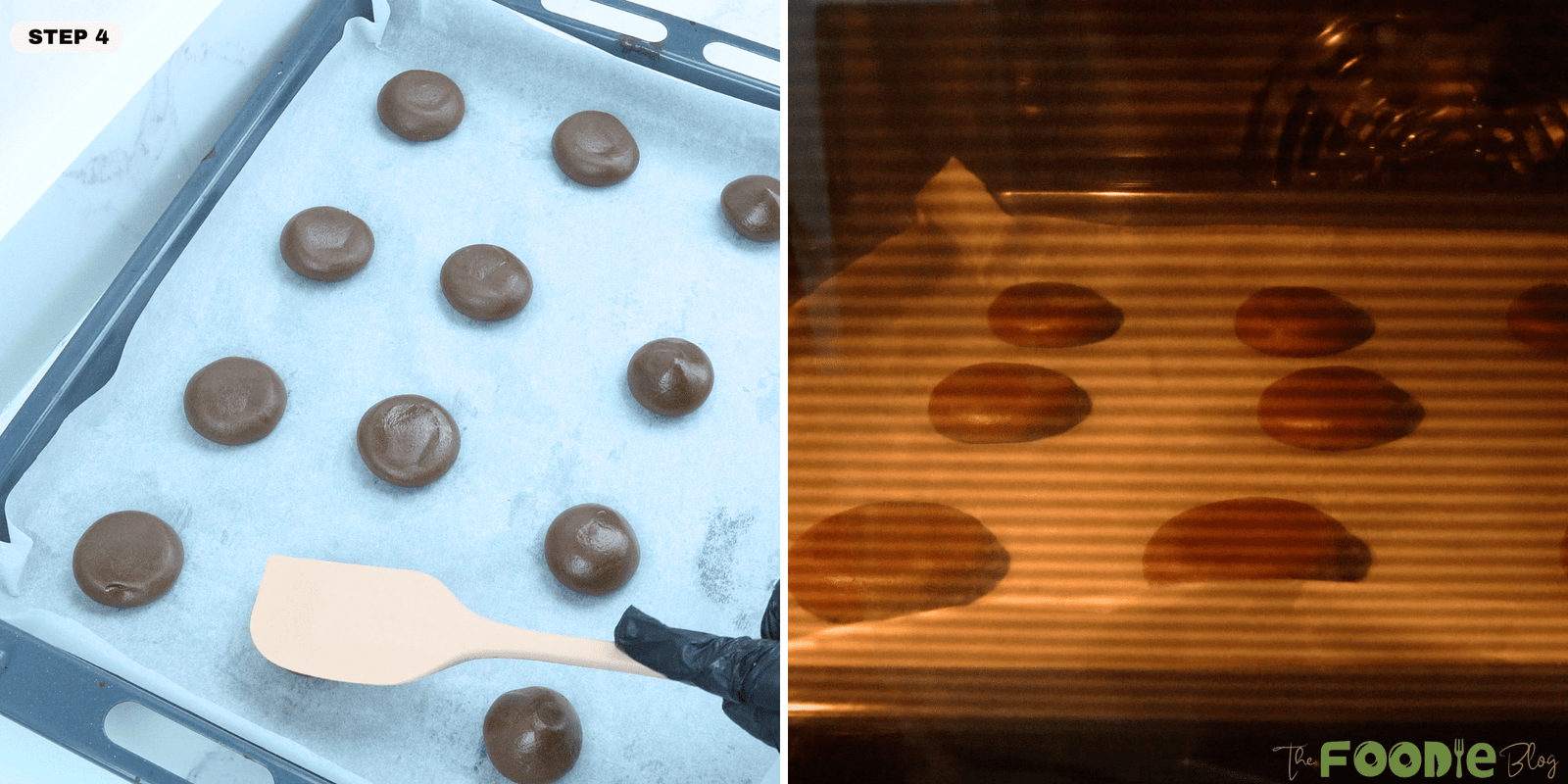 Nutella cookie dough flattened on a baking sheet and shown baking in the oven
