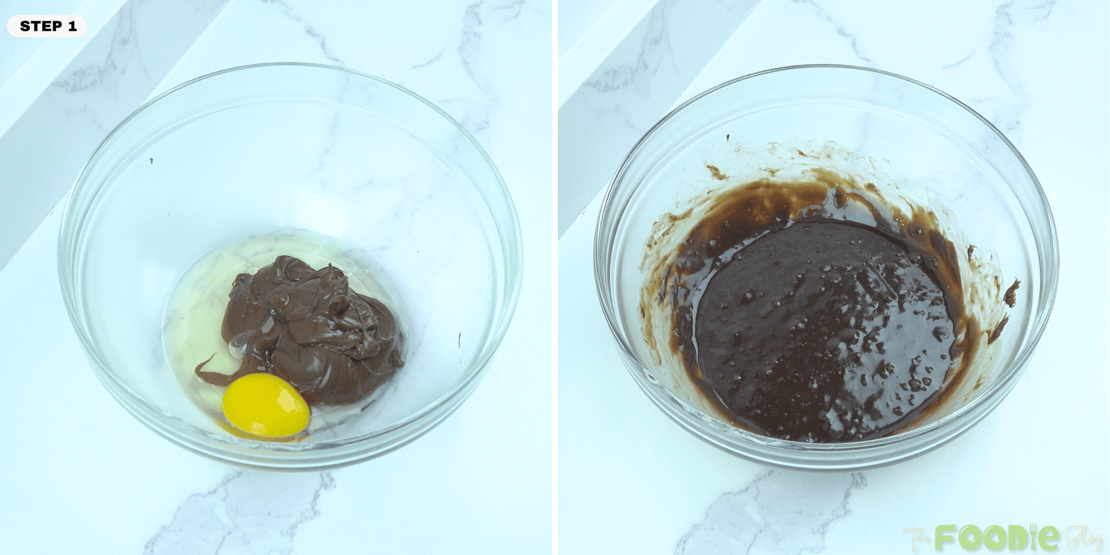 Nutella and egg in a bowl before and after being mixed together