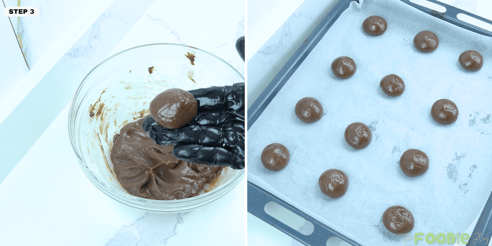 Nutella cookie dough rolled into balls and placed on a parchment-lined baking sheet