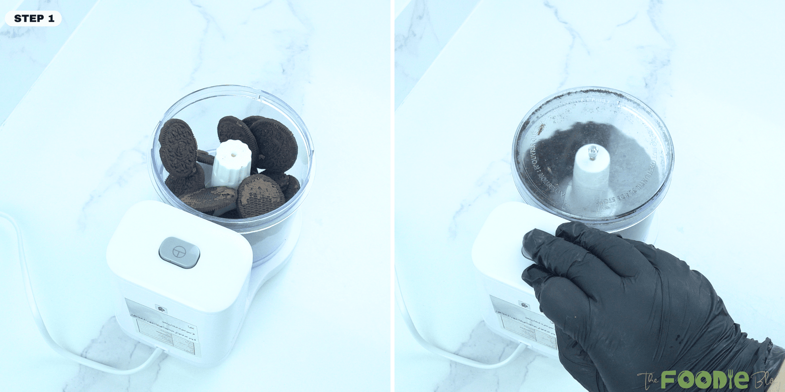 Oreo cookies in a food processor before and after being crushed into crumbs