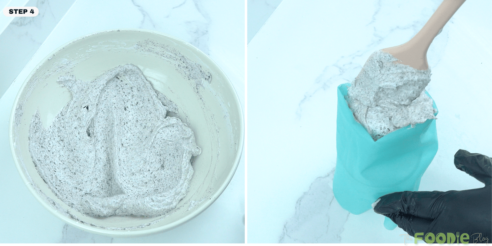 Cookies and cream mousse being spooned into a piping bag