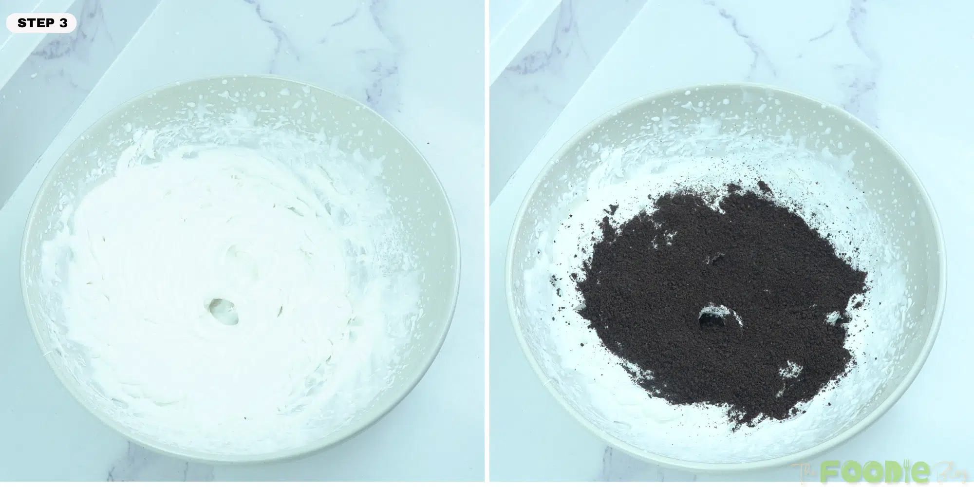 Whipped cream in a bowl with crushed Oreo crumbs added on top