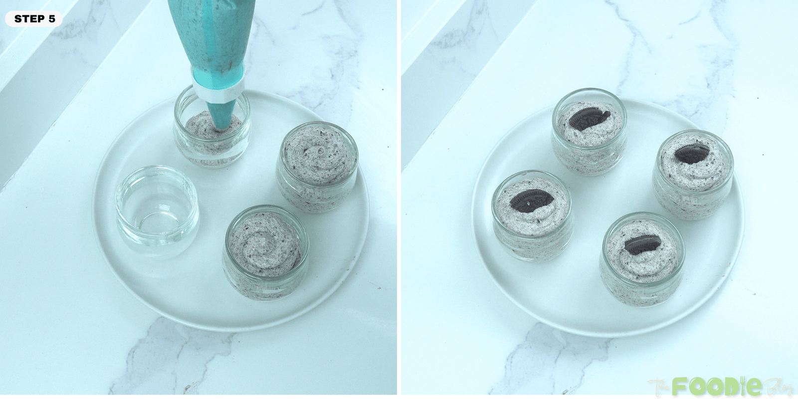 Oreo mousse piped into small glass jars and topped with cookie halves