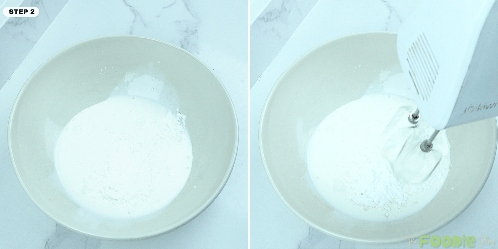 Heavy cream and powdered sugar in a bowl being whipped with a hand mixer