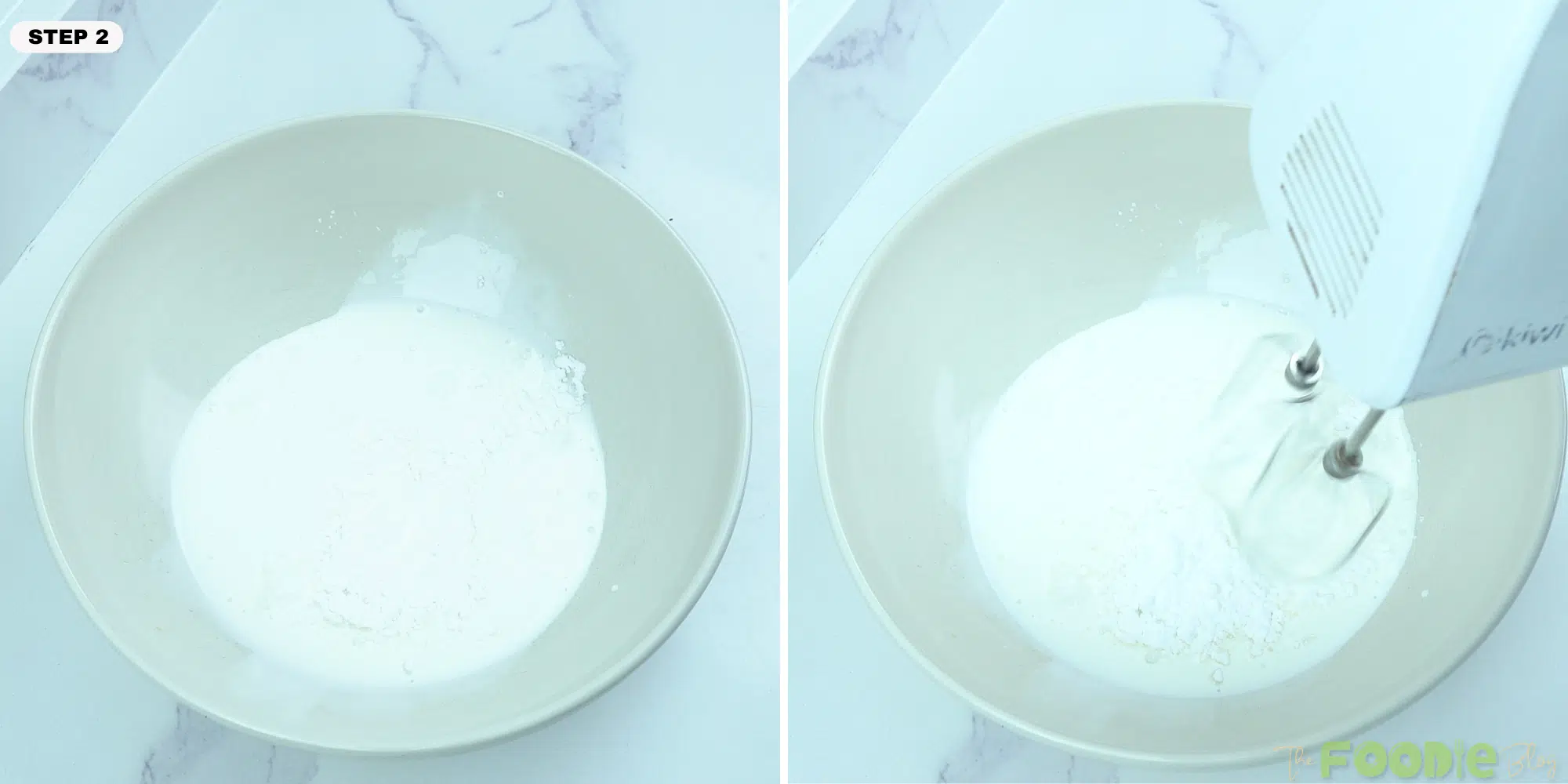 Heavy cream and powdered sugar in a bowl being whipped with a hand mixer