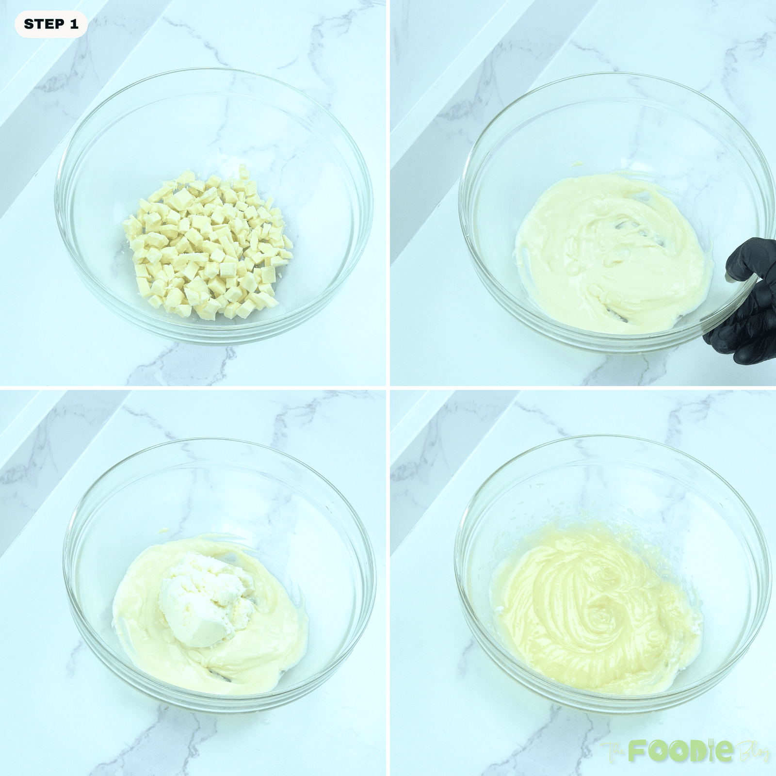 White chocolate melted in a bowl and mixed with cream cheese until smooth