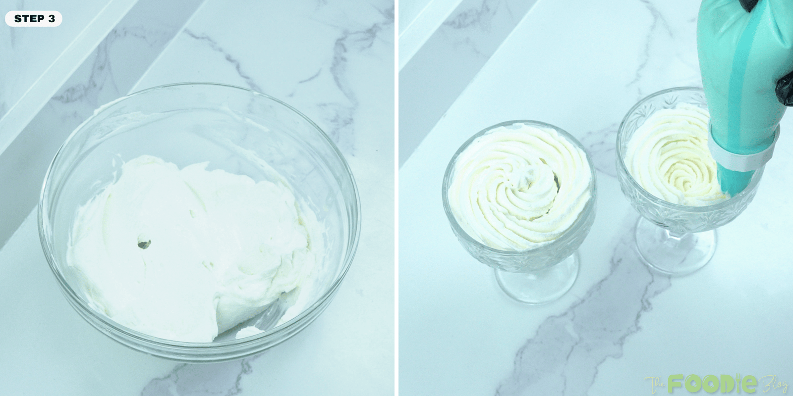 White chocolate mousse piped into dessert glasses in a smooth spiral pattern