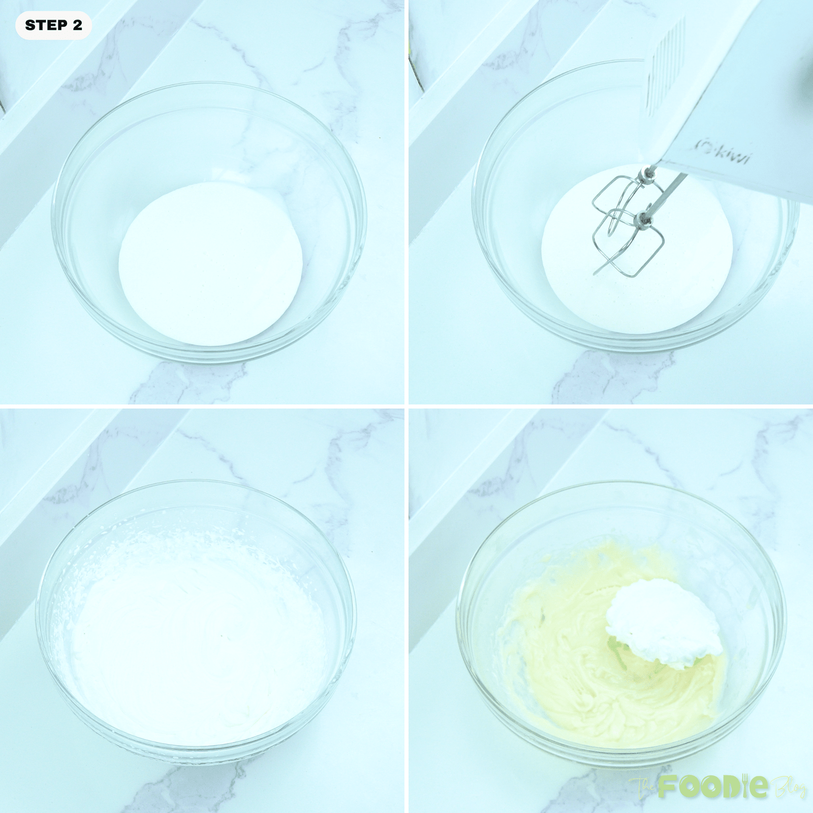 Heavy cream being whipped and added to the white chocolate mixture