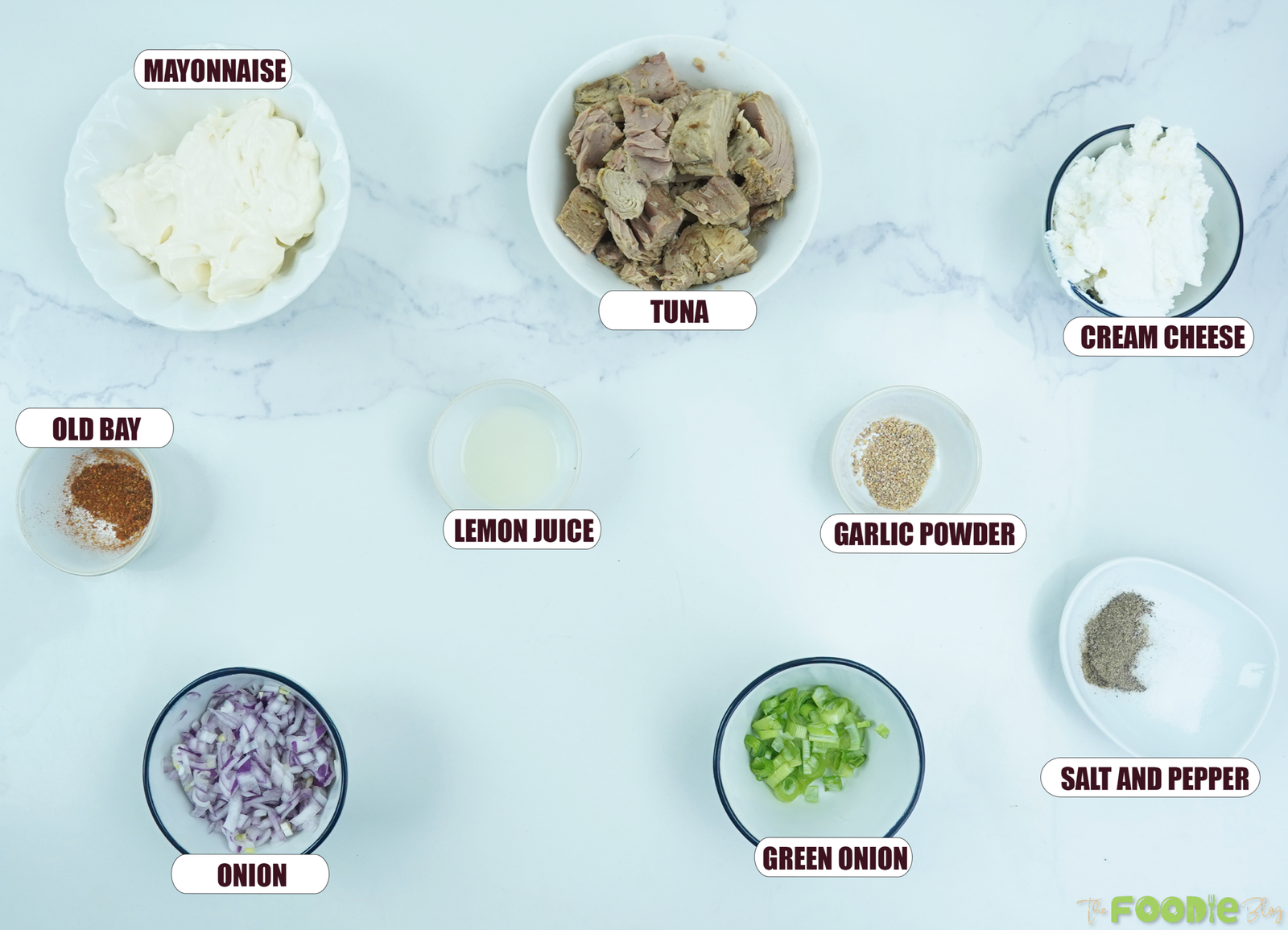 Overhead view of tuna dip ingredients including tuna, mayonnaise, cream cheese, lemon juice, Old Bay, garlic powder, onion, green onion, salt, and pepper.