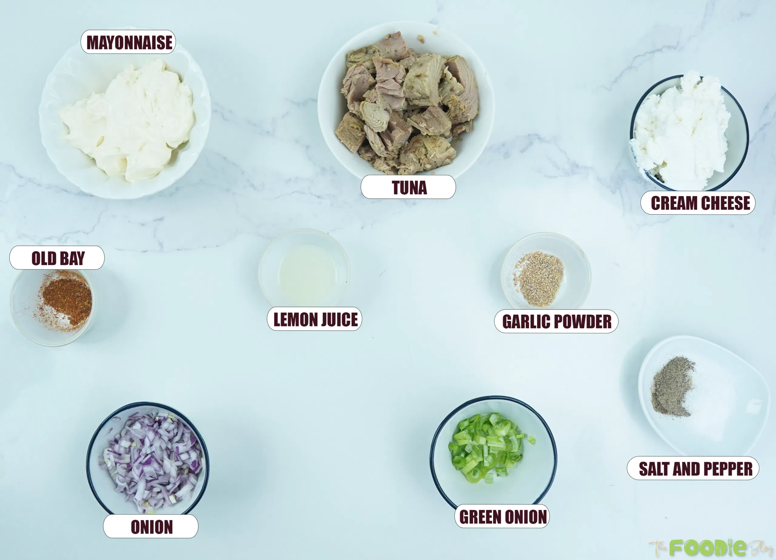 Overhead view of tuna dip ingredients including tuna, mayonnaise, cream cheese, lemon juice, Old Bay, garlic powder, onion, green onion, salt, and pepper.