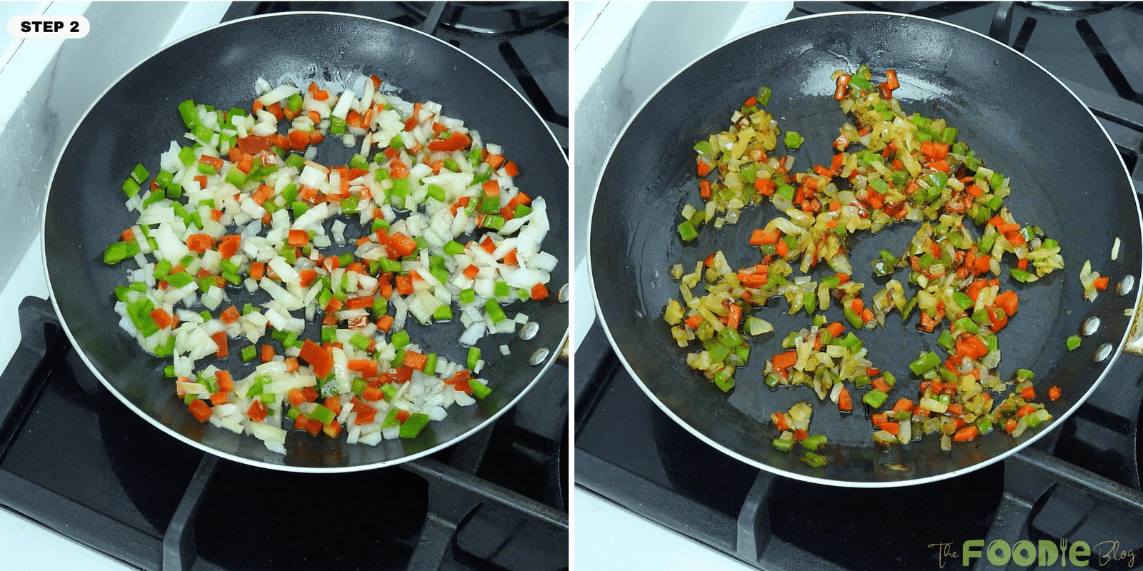 Diced onion and bell peppers cooking in a skillet until softened and lightly golden