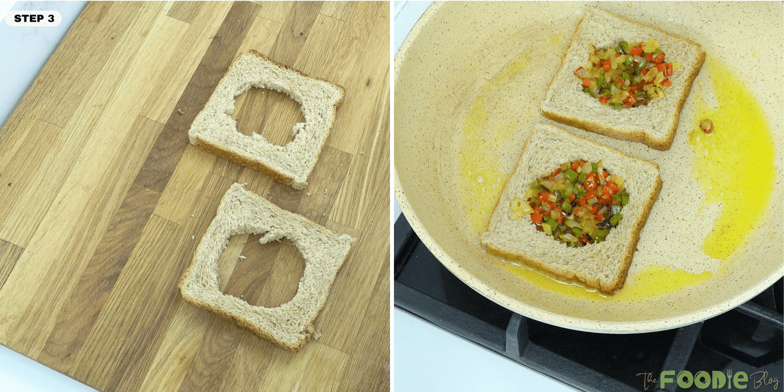 Bread slices with center cutouts filled with cooked onion and pepper mixture in a buttered skillet