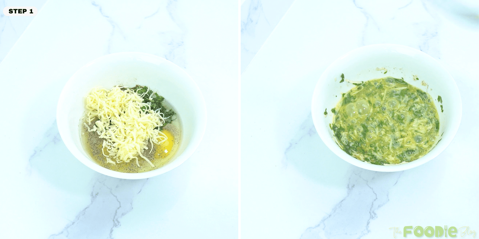 Eggs, cheese, herbs, salt, and pepper in a bowl before and after mixing for bread omelette