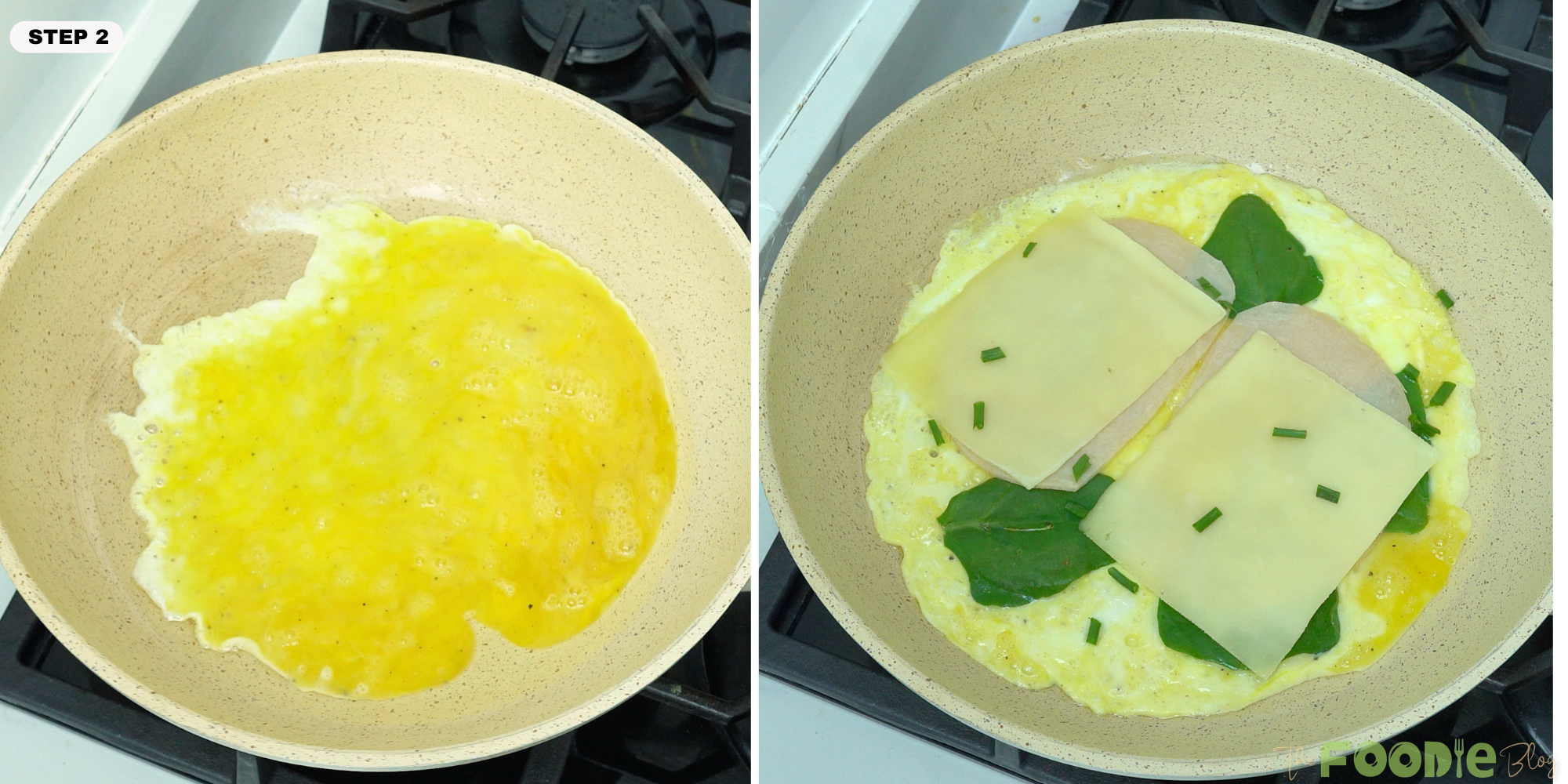 eggs cooking in a skillet with cheese, pastrami, spinach, and green onion added on top