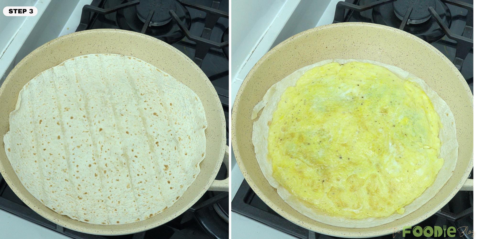 flour tortilla placed in a skillet and topped with the cooked egg mixture
