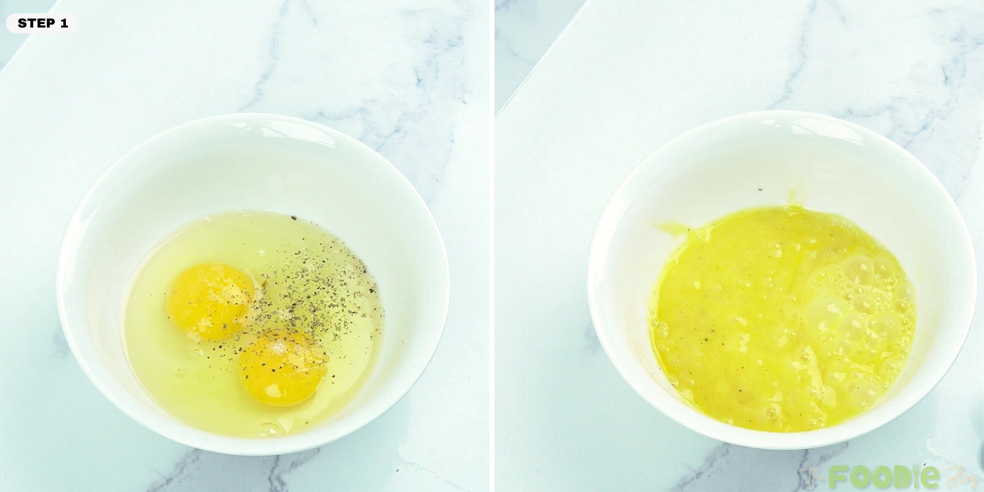 eggs in a bowl with salt and black pepper before and after whisking