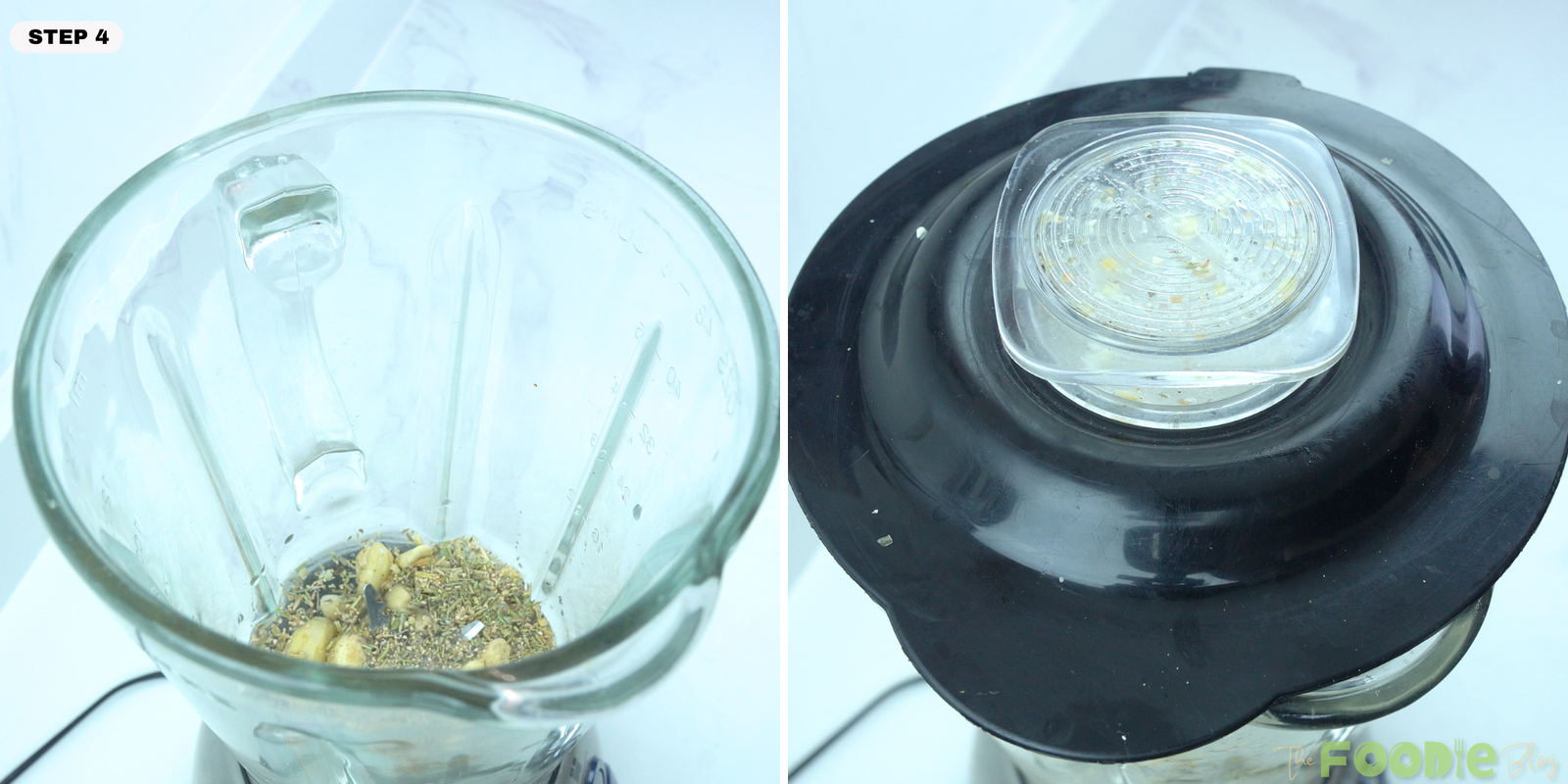 Step-by-step collage showing cashews, dill, spices, and water added to a blender to make cashew ranch dressing.