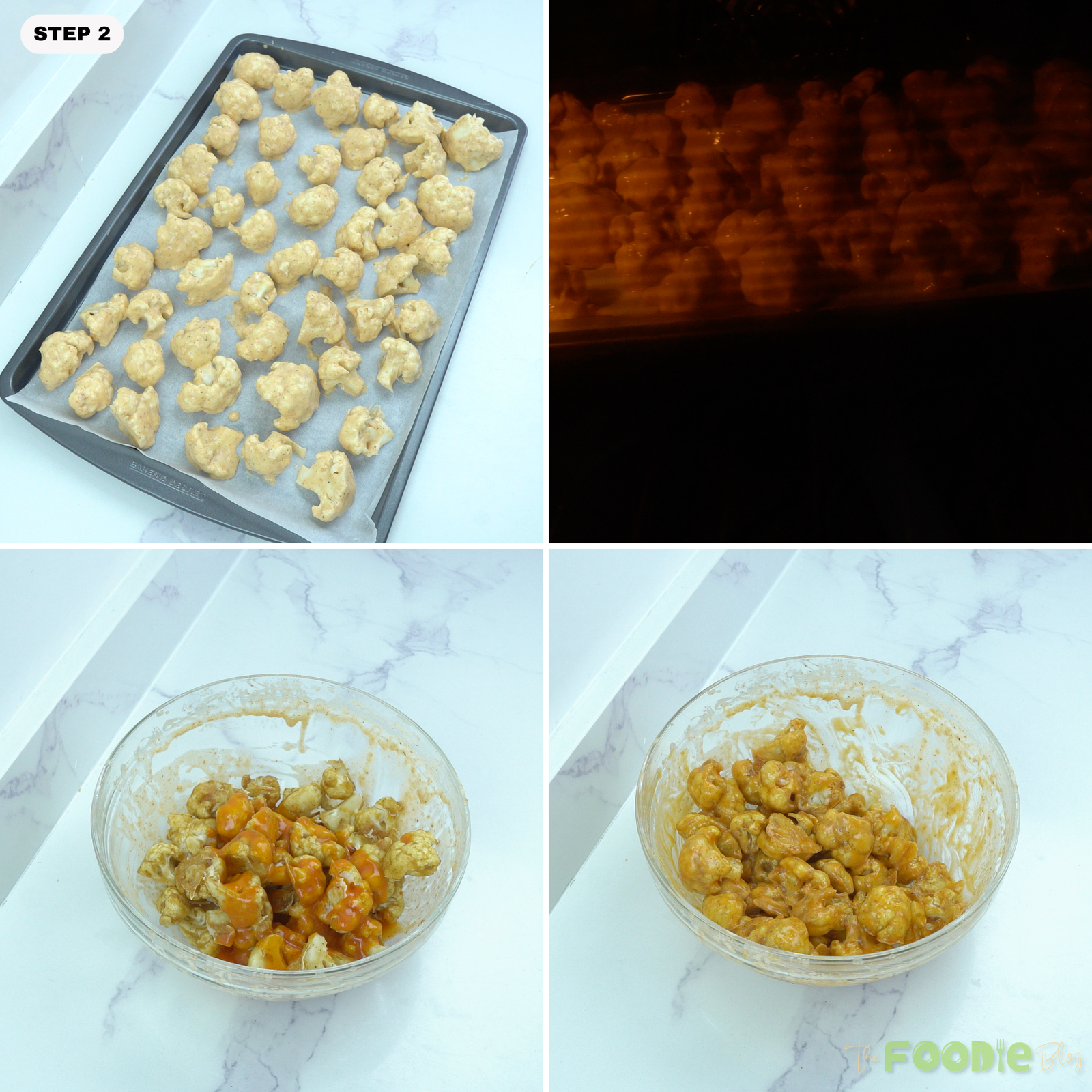 Step-by-step collage showing battered cauliflower on a baking sheet, baking in the oven, then tossed with buffalo sauce.