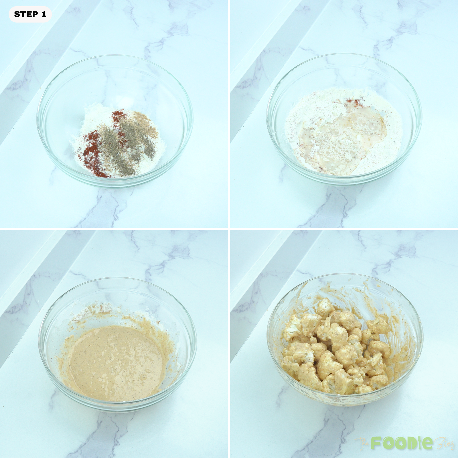 Step-by-step collage showing flour, spices, water, and cauliflower florets mixed into a batter for buffalo cauliflower wings.