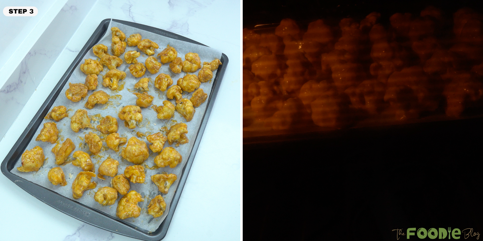 Step-by-step collage showing buffalo-coated cauliflower on a baking sheet and baking in the oven until the sauce sets.