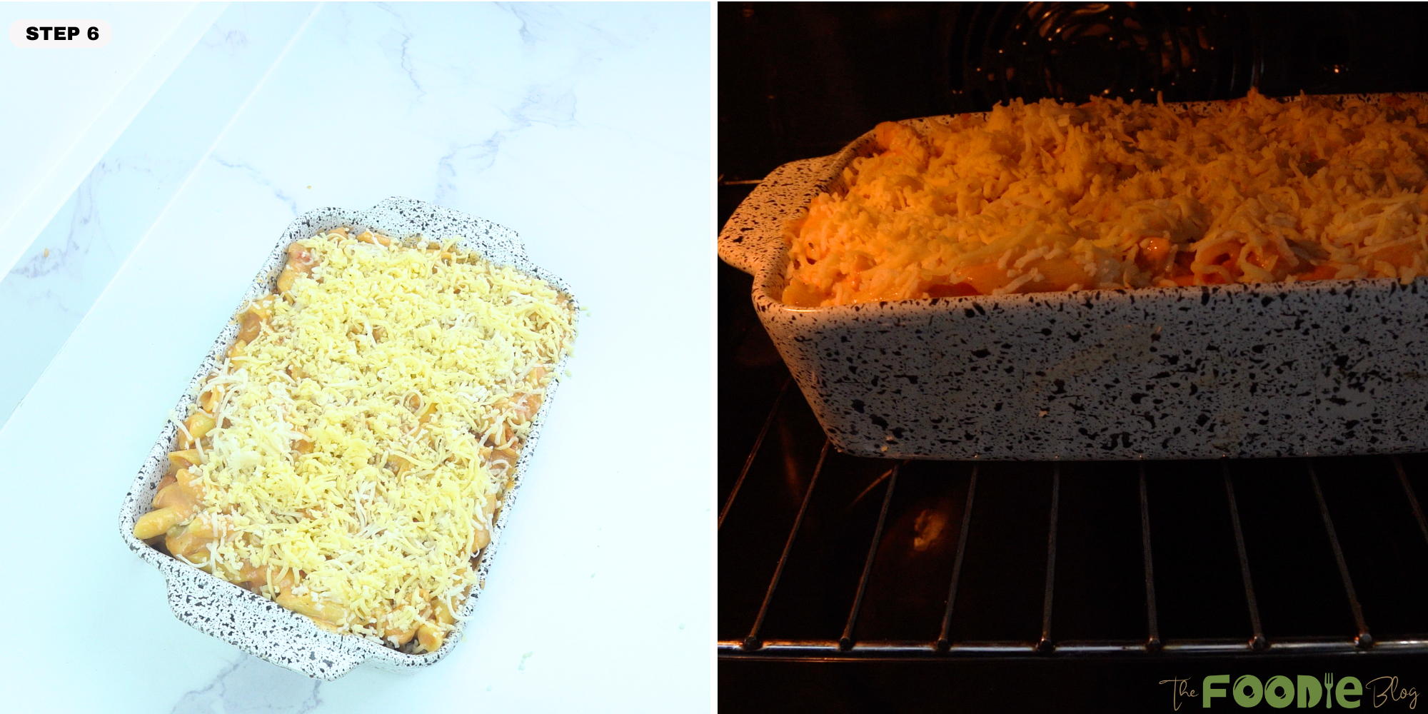 assembled chicken pasta bake topped with grated cheese before and during baking in the oven