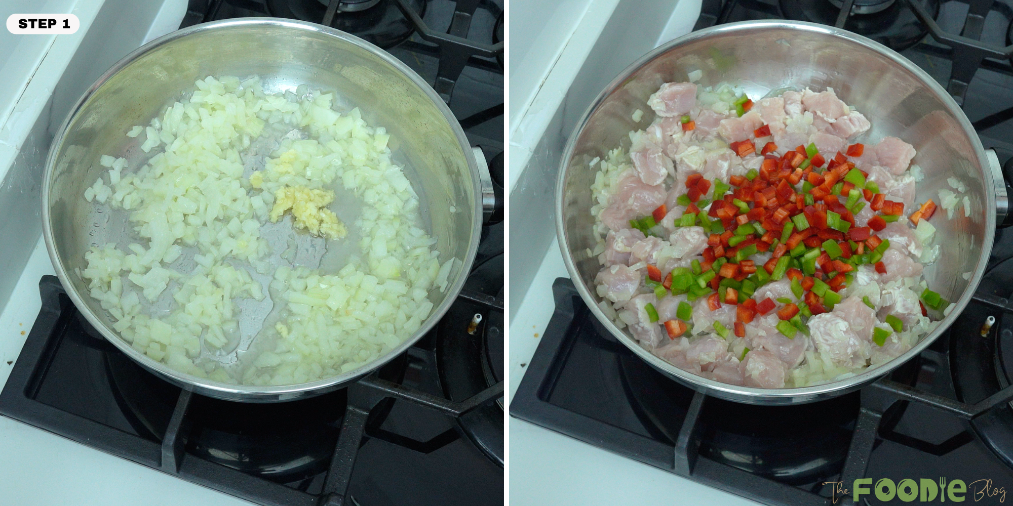onions and garlic cooking in a skillet before chicken and diced bell peppers are added