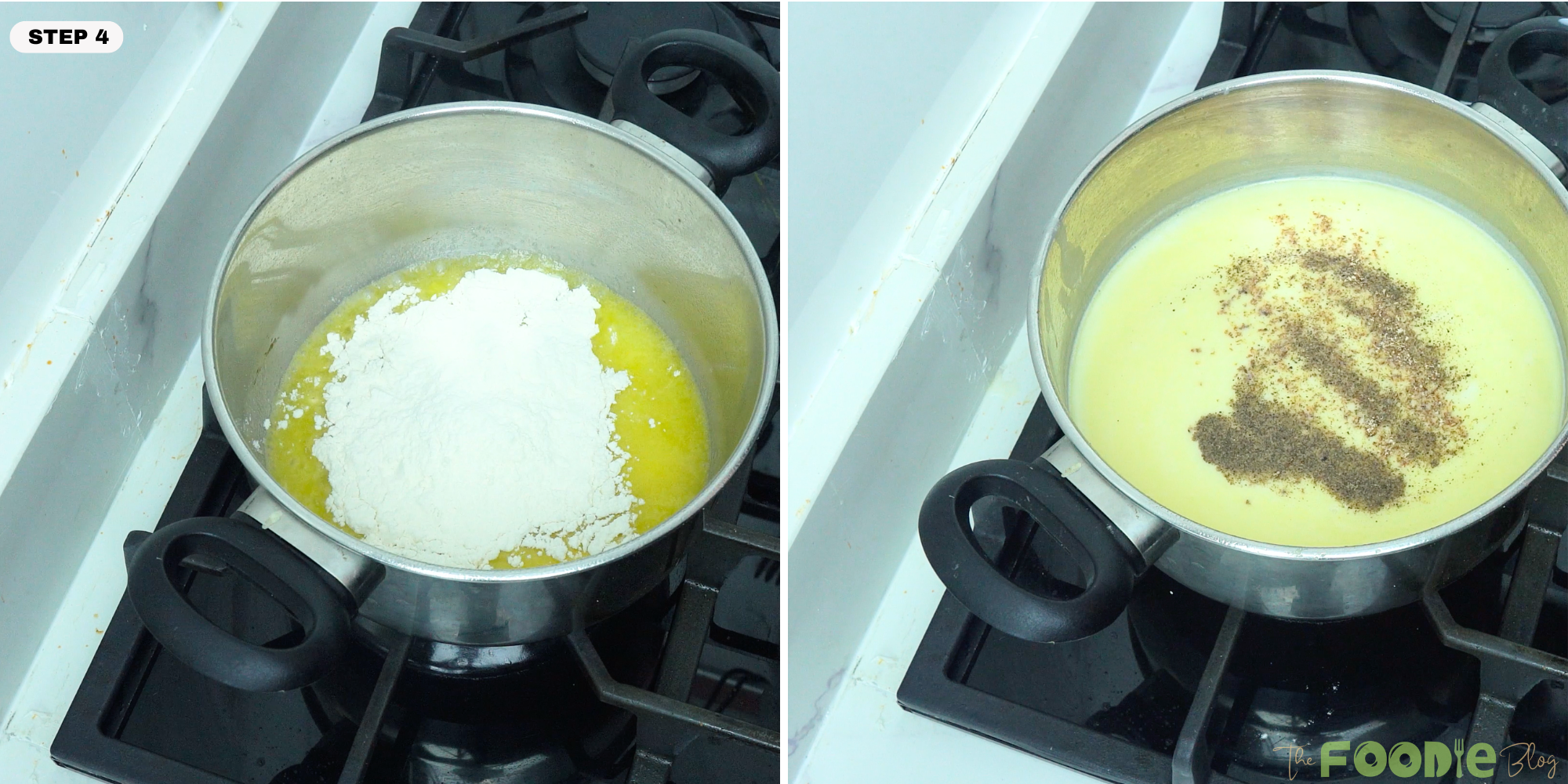 butter and flour in a saucepan followed by milk and black pepper for béchamel sauce