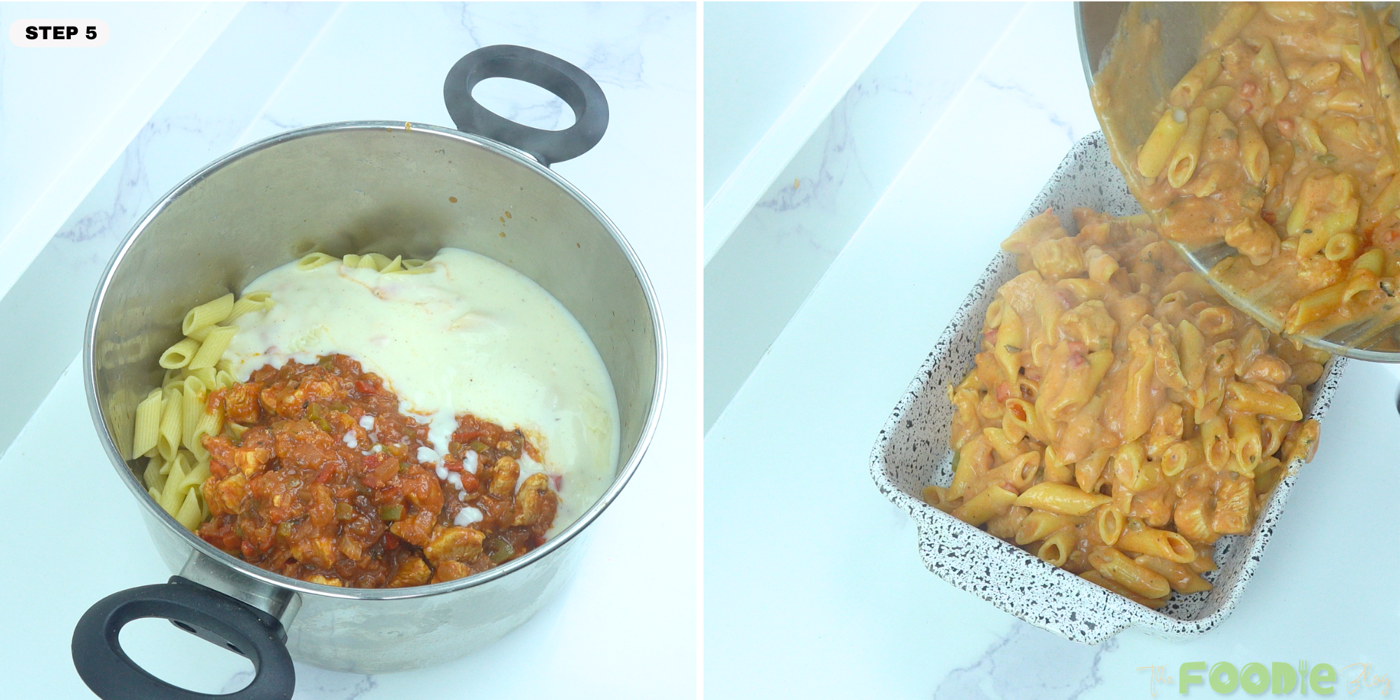 cooked pasta mixed with chicken sauce and béchamel before transferring to a baking dish