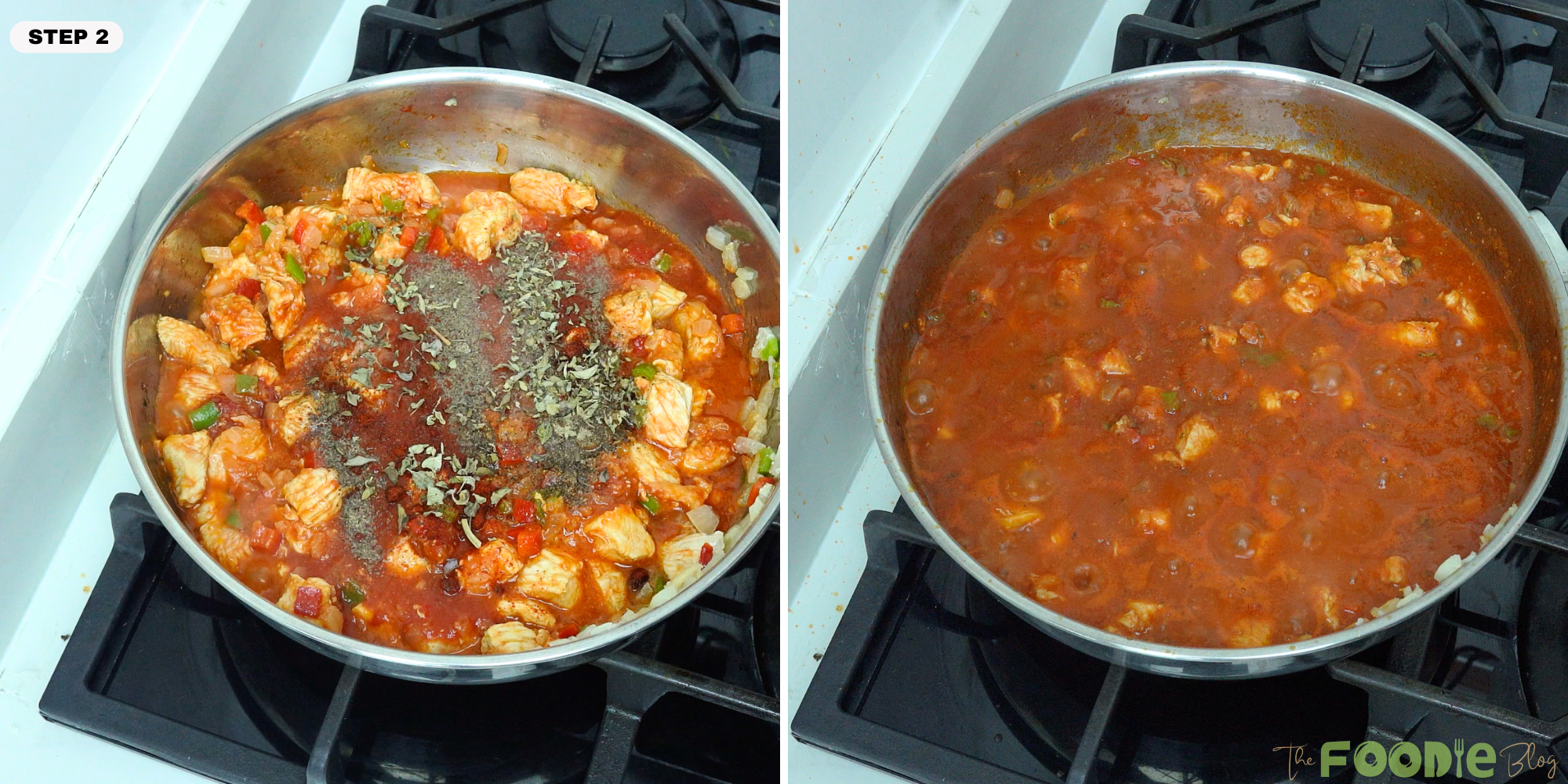 chicken mixture simmering in tomato sauce with oregano, paprika, salt, and black pepper