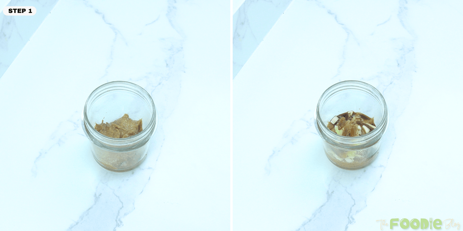 Almond butter in a small jar, then the jar with chopped date and garlic added on top.