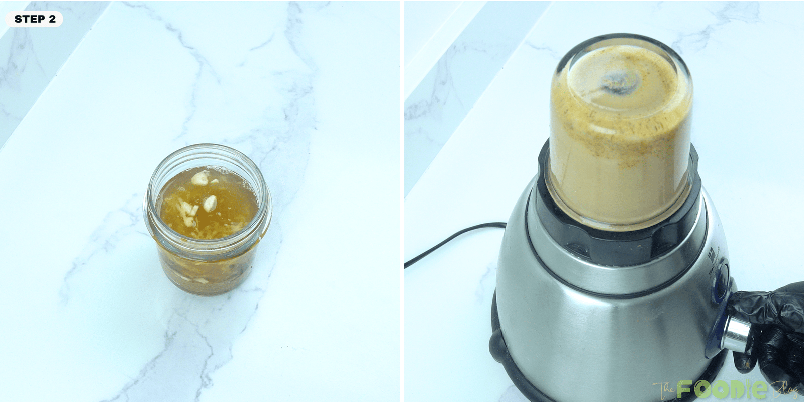 Jar with liquids added, next to a blender blending the dressing until creamy and smooth.